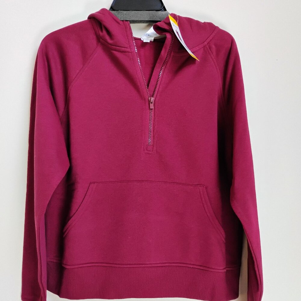Size medium kangaroo pocket, cotton blend fleece fabric hoodie.